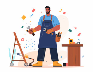 Skilled craftsman celebrating success with tools and confetti, a symbol of achievement and hard work in skilled trades