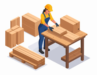 Worker organizing wooden planks on a table in a warehouse setting with cardboard boxes