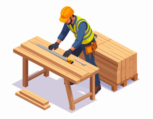 Isometric Illustration Construction Worker Measuring Wood Planks