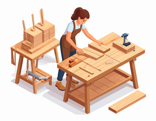 Woman Carpenter Working on Wood Projects in Her Workshop