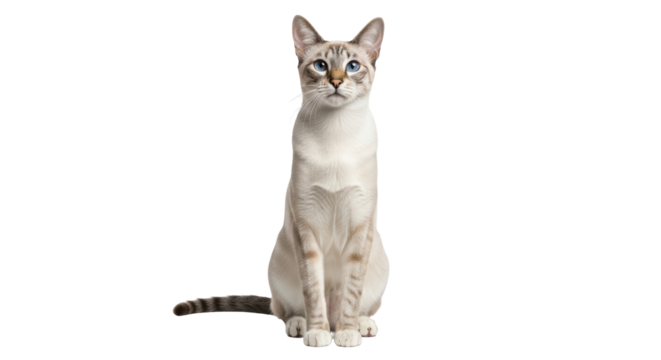 Isolated Beautiful Siamese Cat with Blue Eyes Sitting and Staring Ahead in a Studio Shot