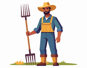 Farmer Illustration A depiction of a male farmer holding a pitchfork and wearing work attire, in a sunny field setting
