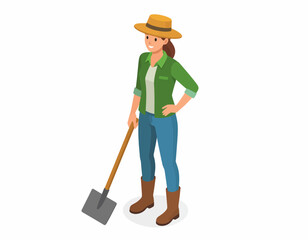 Isometric illustration of a female farmer with a shovel, ready for work in agriculture