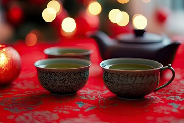 Warm green tea in a porcelain set on a red festive table