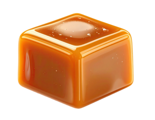 A glossy, cube-shaped caramel candy, with a slightly mottled, amber surface and a sheen