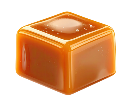 A glossy, cube-shaped caramel candy, with a slightly mottled, amber surface and a sheen