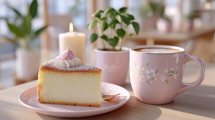 Modern Table Setting with Strawberry Cheesecake Slice and Coffee in Cozy Environment