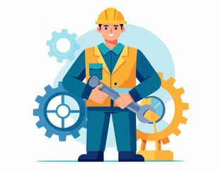 Professional male engineer or construction worker illustration. Wearing a hard hat and safety vest, holding a wrench, with industrial gears.