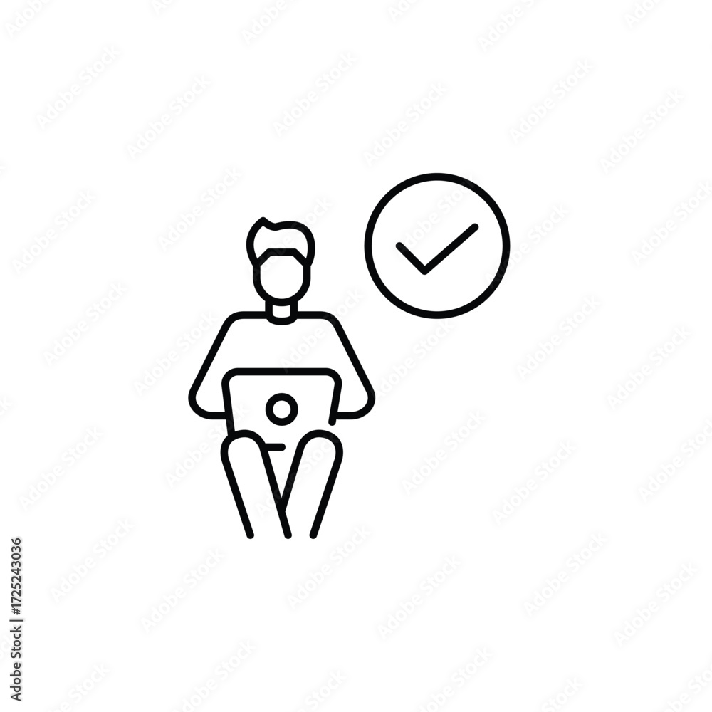 Poster man working remotely at laptop with checkmark, verified access, secure profile. pixel perfect, edita