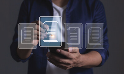 Young man with smartphone mobile hand touching to sign a Online Business Contract, Electronic signature, Contract signing, Digital documents, Future smart contract