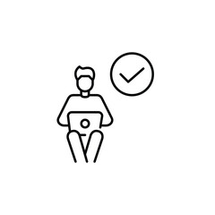 Man working remotely at laptop with checkmark, verified access, secure profile. Pixel perfect, editable stroke vector icon