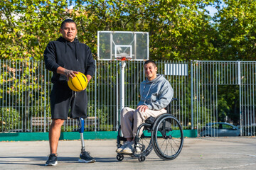People with disabilities playing basketball on court