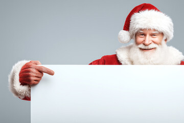 Naklejka premium Santa Claus points to a blank sign, perfect for your holiday message. Spread Christmas cheer and festive greetings with this iconic figure.