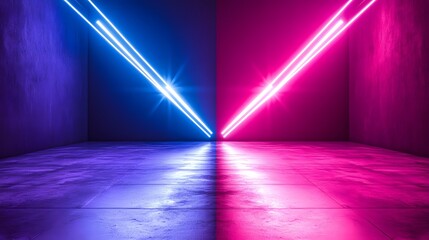 A vibrant, futuristic space is highlighted by intersecting neon light beams in vibrant hues of blue and pink.