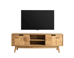 Light-colored wooden TV stand with two doors and open shelving, beneath a large flat-screen TV