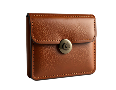 Tan leather pouch with snap closure, angled view