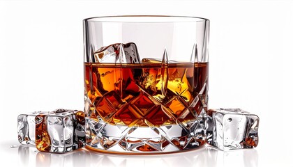 Crystal Glass of Amber Liquor with Ice Cubes on Reflective White Surface