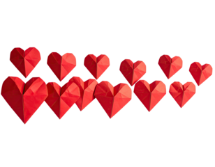 Red polygonal hearts arranged in a horizontal row