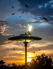 Insects drawn to streetlight sunset