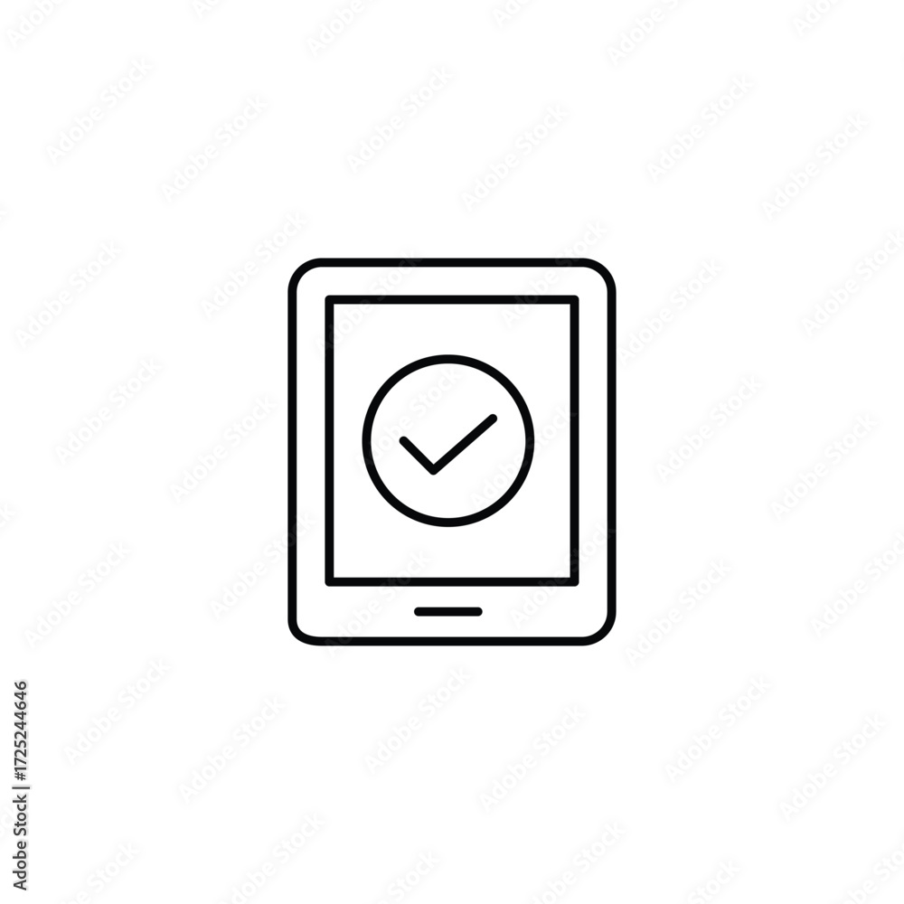 Poster tablet and checkmark. user account confirmed, synchronization across devices. pixel perfect, editabl
