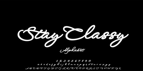 Stay classy alphabet letters font with tails. Typography elegant classic serif fonts and number decorative vintage retro concept for logo branding. vector illustration