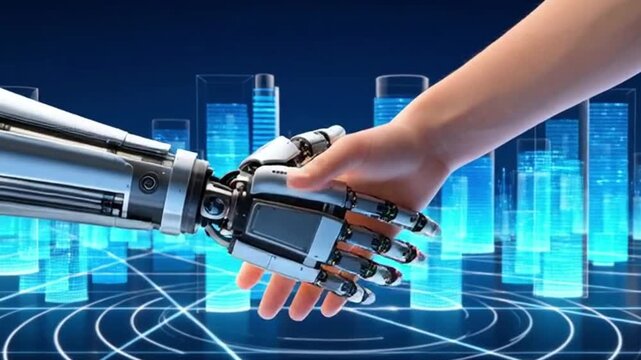 Human and robot handshake Artificial intelligence partnership Future technology concept 3D rendering on blue background