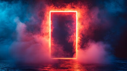 A vibrant, neon-lit rectangular opening framed by dramatic, swirling colors of smoke and light, creating a captivating, futuristic ambiance.
