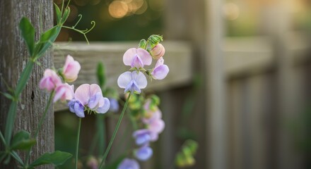 Sweet pea blossoms against wooden fence