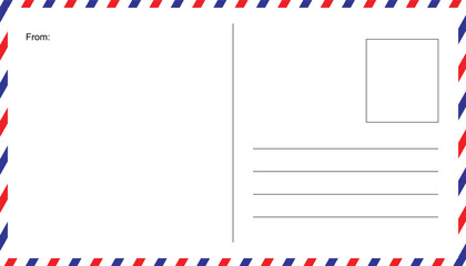 Airmail envelope frame with strips, lines for name and address. retro air mail postcard with blue and red stripes. postcard envelope frame template