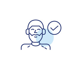 Man in headphones and checkmark. Listening to music, approved radio or podcast quality. Pixel perfect, editable stroke vector icon