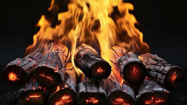 A stack of logs burning in a campsite, perfect for outdoor and nature themes