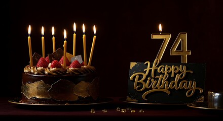 A chocolate birthday cake with lit candles sits next to a golden "Happy Birthday 74" sign against a dark background.