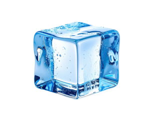 A clear, vibrant blue ice cube, showing water droplets and facets
