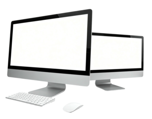 Two computer monitors and a keyboard and mouse, in a grayscale presentation
