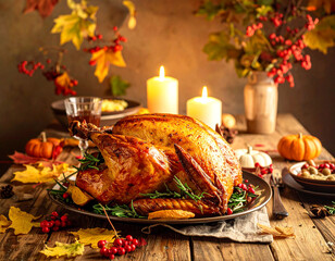 Cozy rustic Thanksgiving dinner with roasted turkey and autumn decorations Generative AI
