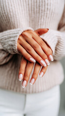Classic French manicure highlights beautifully shaped nails, with a subtle pink hue and white tips. Hands rest gently together, showcasing a polished and elegant look in a serene setting