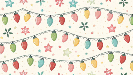 Seamless pattern of pastel Christmas light garlands background 