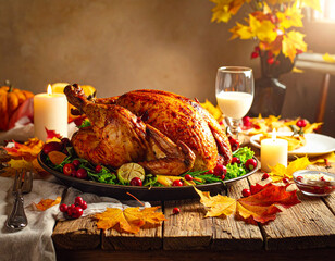 Rustic Thanksgiving dinner featuring roasted turkey with autumn decorations Generative AI