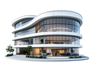 Modern, curved office building with glass facade