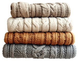 Stack of four chunky cable-knit sweaters in muted beige, cream, gray, and rust tones