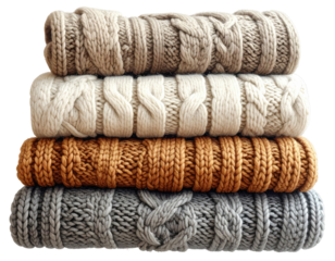 Stack of four chunky cable-knit sweaters in muted beige, cream, gray, and rust tones