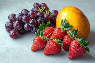 Fresh strawberries, mango, and grapes on light background  vibrant assorted fruits healthy vegan food concept