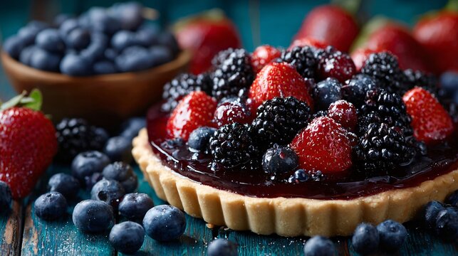 Mixed berry jelly tart on background of blueberries, blackberries, and strawberries