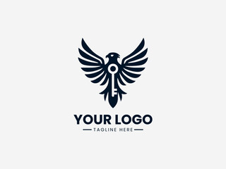 Fototapeta premium Minimalist bird vector logo with antique key symbol for security company or locksmith business branding