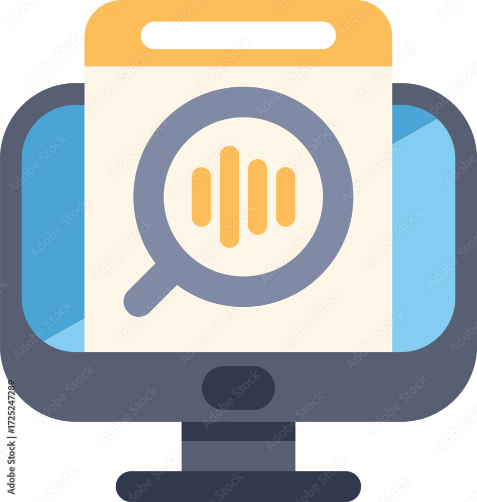 Poster computer showing voice search with magnifying glass icon, concept of audio message analysis