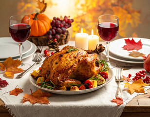 Cozy rustic Thanksgiving dinner featuring roasted turkey and autumn decor Generative AI