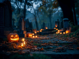 Lit Pumpkins Guiding Path Through Creepy Graveyard