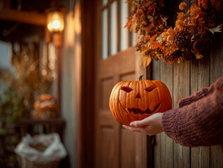 Hand Holding a Carved Pumpkin with Smile