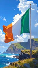 Irish flag waving over coastal cliffs