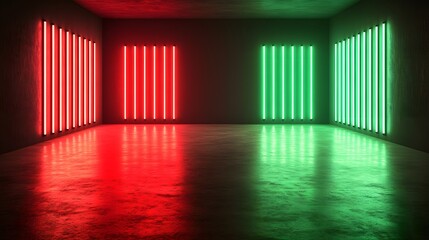 Neon red and green illuminated vertical lines in an empty room with a reflective floor.
